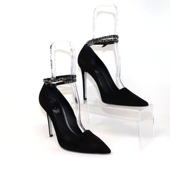 René Caovilla NEW 38 Black Suede Fabulosity Swarovski Crystal Ankle Wrap Heels - Picture 5 of 16